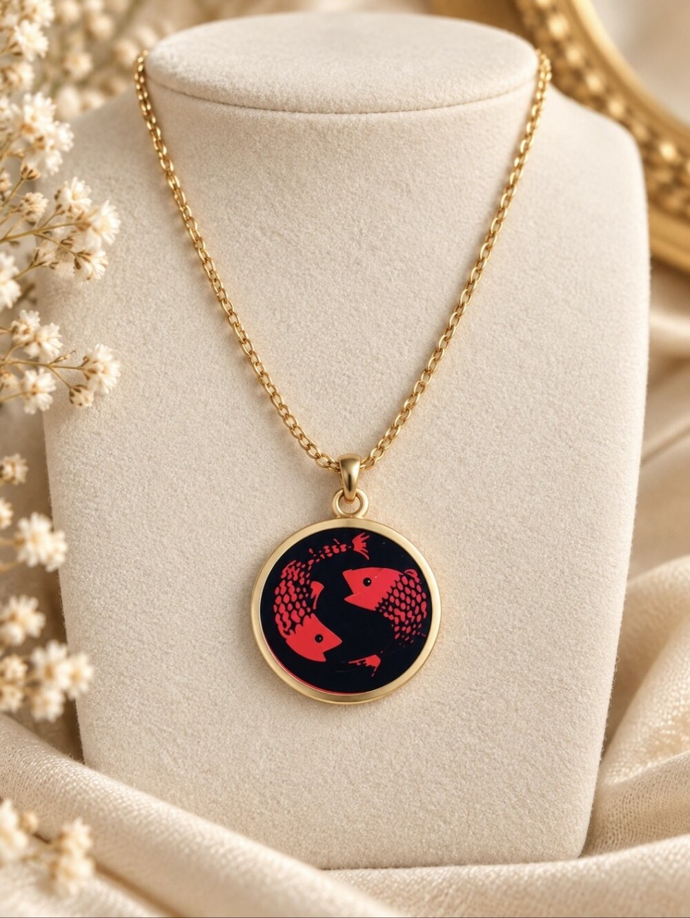 Red Piscies Horoscope Pendante On A Gold Tone Necklaces
